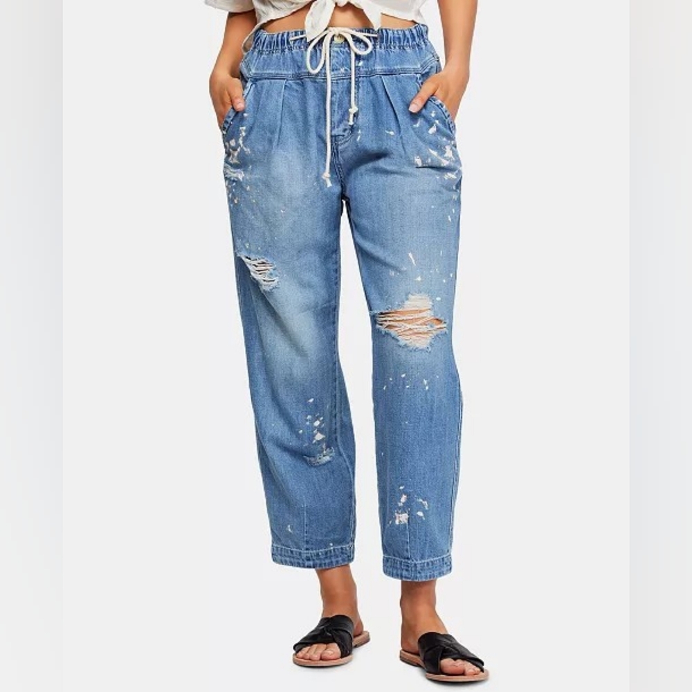 FREE PEOPLE Mixed Up Cotton Distressed Utility Jeans - Picture 2 of 15